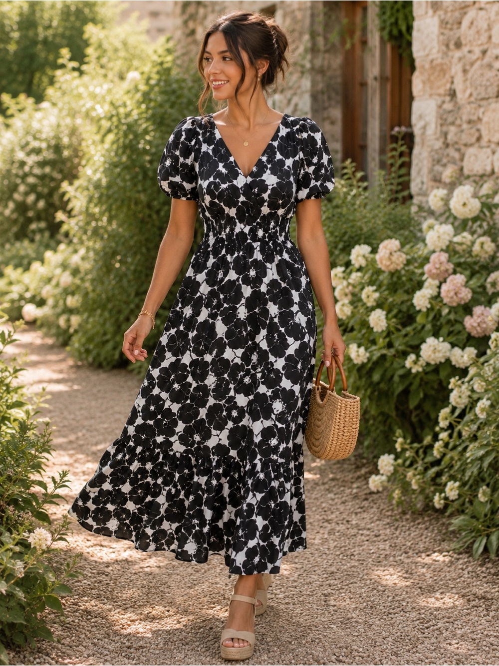Nine West Floral Maxi Dress XS Black White Puff Sleeve V Neck Boho Romantic